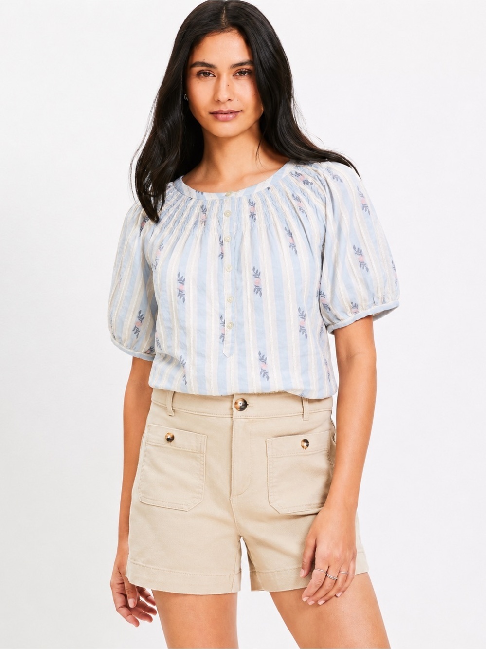 Loft Light Blue Striped Puff-Sleeve Women's Button 100% Cotton Top - Picture 3 of 8
